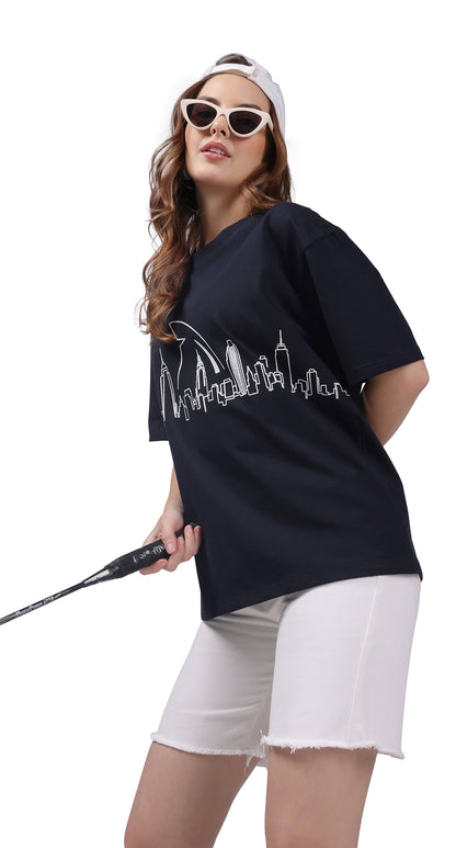 Anti-Stain Skyline Oversized T-Shirt – Navy
