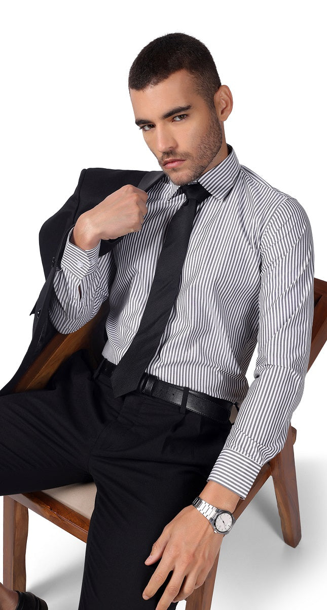Anti-Stain Classic Stripes Dress Shirt – White and Black Stripes