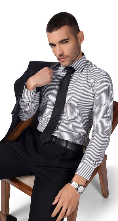 Anti-Stain Classic Stripes Dress Shirt – White and Black Stripes