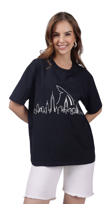 Anti-Stain Skyline Oversized T-Shirt – Navy